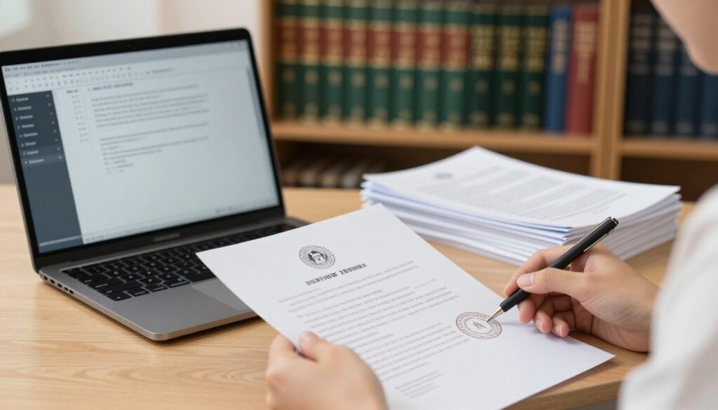 A professional, elegant setting depicting a certified translator’s desk. In the foreground, a pair of hands is carefully examining a document with an official seal stamped on it, demonstrating the concept of sworn translation. The middle ground features an open laptop displaying translation software and a stack of neatly organized papers, symbolizing diligence and professionalism. In the background, a bookshelf filled with language dictionaries and legal texts enhances the informative atmosphere. Soft, warm lighting highlights the scene, creating an inviting yet serious mood. The composition should focus on clarity and professionalism, capturing the essence of sworn versus ordinary translations without any text or distractions. A professional, elegant setting depicting a certified translator’s desk. In the foreground, a pair of hands is carefully examining a document with an official seal stamped on it, demonstrating the concept of sworn translation. The middle ground features an open laptop displaying translation software and a stack of neatly organized papers, symbolizing diligence and professionalism. In the background, a bookshelf filled with language dictionaries and legal texts enhances the informative atmosphere. Soft, warm lighting highlights the scene, creating an inviting yet serious mood. The composition should focus on clarity and professionalism, capturing the essence of sworn versus ordinary translations without any text or distractions.