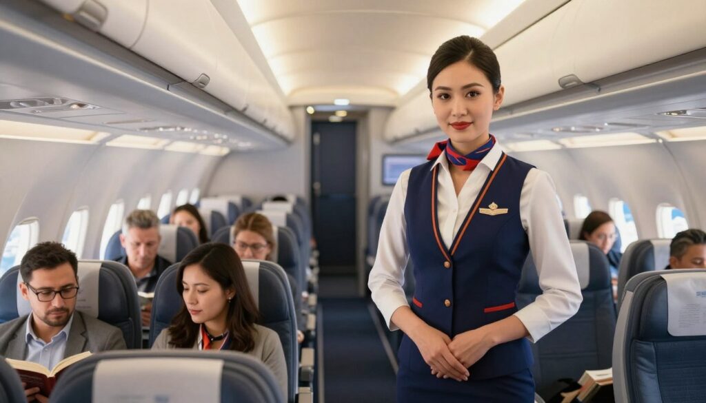 A professional female flight attendant in a smart, tailored Emirates uniform stands confidently in the foreground of an airplane cabin, which showcases sleek, modern design elements. The cabin is brightly lit with soft, warm lighting, enhancing the elegant atmosphere. In the middle ground, passengers are comfortably seated, engaged in various activities like reading or talking. In the background, large windows reveal a stunning aerial view of clouds and blue skies, symbolizing travel and adventure. The perspective is slightly angled to capture both the flight attendant's welcoming demeanor and the inviting cabin environment. The overall mood is one of professionalism, warmth, and aspiration, highlighting the rewarding aspects of a stewardess career with Emirates.