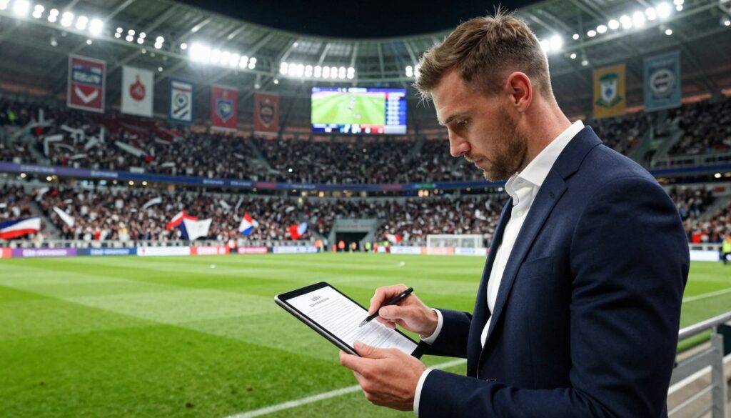 A professional football player in a sleek modern stadium, dressed in a smart casual outfit, reviewing a detailed contract on a sleek tablet. In the foreground, the player’s focused expression reveals determination and ambition. The middle features a vibrant green pitch with the stadium packed with enthusiastic fans, cheering and waving flags. In the background, iconic team banners and a brightly lit scoreboard display match statistics. The scene captures the energy of a big match day, illuminated by bright stadium lights creating dramatic shadows. Soft lens effects emphasize the dynamic atmosphere, blending excitement with professionalism, portraying the world of professional sports salaries in Polish Ekstraklasa.