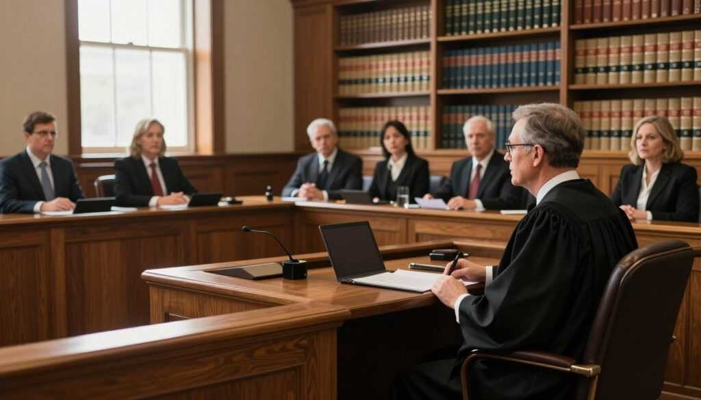 A professional judge's bench in a courtroom setting, positioned prominently in the foreground, with a focus on a judge formally dressed in a black robe, seated and observing a court session. In the middle ground, a diverse group of jurors, all in professional business attire, engaged in discussion. The courtroom is richly furnished with wooden panels, and the background displays shelves filled with law books and a grand window letting in soft, natural sunlight, casting a warm glow on the scene. The atmosphere is serious yet respectful, conveying the significance of the judicial process. Use a slightly elevated angle to emphasize the authority of the judge and the attention of the jurors, creating an intimate yet formal mood. The lighting highlights the details of the courtroom while maintaining a professional ambiance.