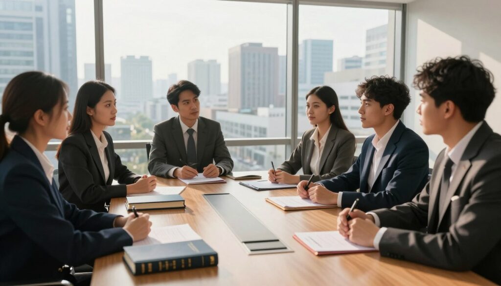 A professional legal application scene set in a modern office environment. In the foreground, a diverse group of young professionals in business attire, engaged in discussion, reflecting determination and ambition. In the middle ground, a large wooden conference table with legal books, diplomas, and notes scattered around, symbolizing the transition from legal studies to practice. In the background, a floor-to-ceiling window offers a view of a cityscape, bathed in warm afternoon light, casting soft shadows and creating a motivational atmosphere. The overall mood is focused and aspirational, highlighting themes of growth, ambition, and the next steps in a legal career. The composition is framed with a slight angle, emphasizing the dynamics of collaboration and planning.