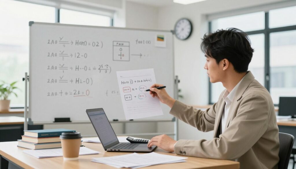 A professional-looking math teacher in a modern classroom setting, reviewing lesson plans and calculating additional hours with a laptop and calculator. In the foreground, the teacher, dressed in business casual attire, sits at a desk cluttered with papers, books, and a cup of coffee. The middle ground features a whiteboard with math equations and charts outlining various teaching hours, while a clock on the wall illustrates time management. In the background, bright natural light pours in through large windows, creating a warm and focused atmosphere. The scene embodies the balance between teaching responsibilities and personal time, emphasizing the importance of financial calculation in education. The angle of view is slightly elevated and emphasizes the workspace.
