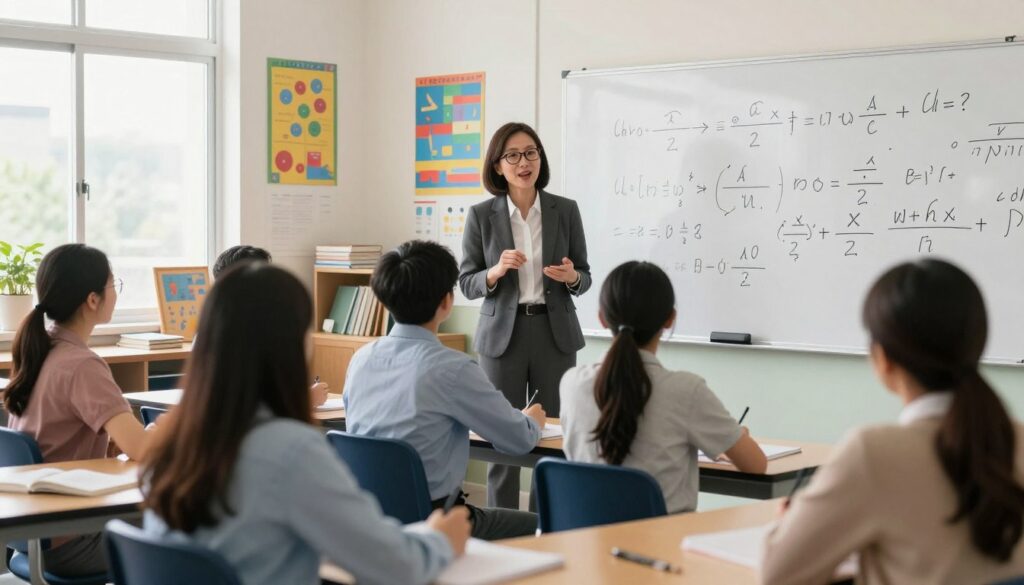 A professional math teacher in a public school setting, engaged in a dynamic lesson. The teacher, a middle-aged individual with glasses, is wearing a smart blazer and a neatly pressed shirt, standing at a whiteboard filled with mathematical equations. In the foreground, students of diverse backgrounds are seated at desks, attentively listening and taking notes. The middle ground shows a classroom with colorful educational posters on the walls and a large window letting in soft natural light, illuminating the space. The background includes shelves filled with books and math-related materials. The atmosphere is focused and encouraging, reflecting a nurturing learning environment. The image is framed from a slight angle to capture the teacher’s enthusiastic expression and the students' engagement.