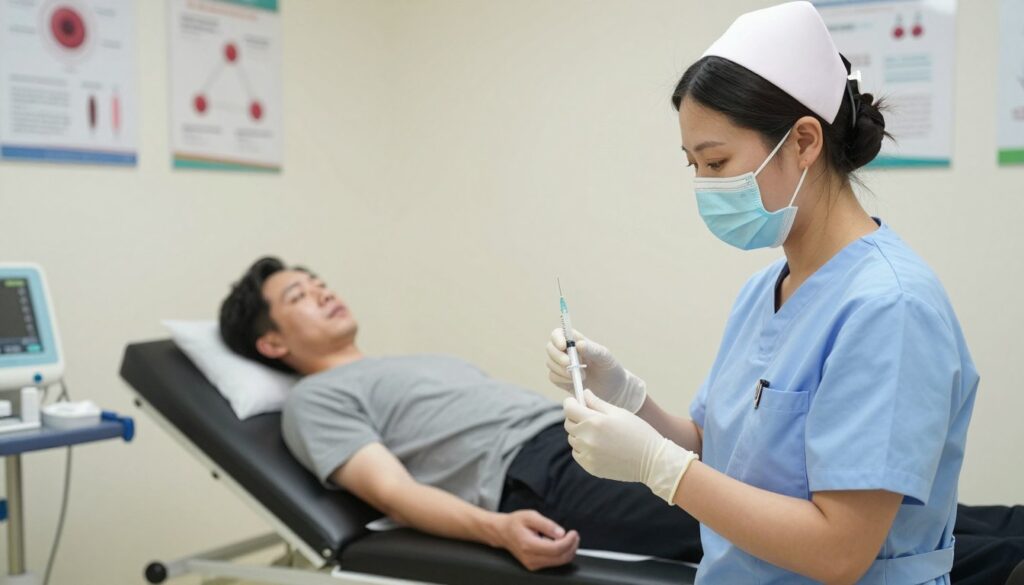 A professional medical environment showcasing the process of stem cell collection. In the foreground, a nurse in scrubs with a focused expression holds a syringe, preparing for the procedure. In the middle, a patient lies on a comfortable examination table, looking reassured, surrounded by medical equipment. On the background wall, charts detailing stem cell procedures can be faintly seen. Soft, diffused lighting creates a calm atmosphere, highlighting the sterile, yet warm environment. The camera angle is slightly elevated, capturing the interaction and focusing on the human aspect of the stem cell donation process. The overall mood should convey hopefulness and professionalism, inviting the viewer into the world of medical care and altruism.