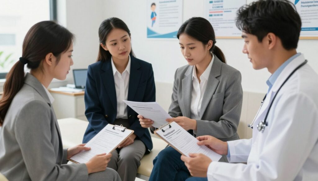 A professional medical examination setting depicting a diverse group of students in business attire. In the foreground, a male student nervously holds medical paperwork, while a female student sits on an examination table, discussing her health questionnaire with a friendly doctor in a white coat. In the middle ground, a clipboard filled with medical forms and a stethoscope rest on a desk, symbolizing the requirements for medical exams for various study programs. The background features a well-lit clinic with medical posters about health checks and study prerequisites on the walls. Soft, natural lighting creates a welcoming atmosphere, capturing the seriousness yet accessibility of medical evaluations required for higher education.
