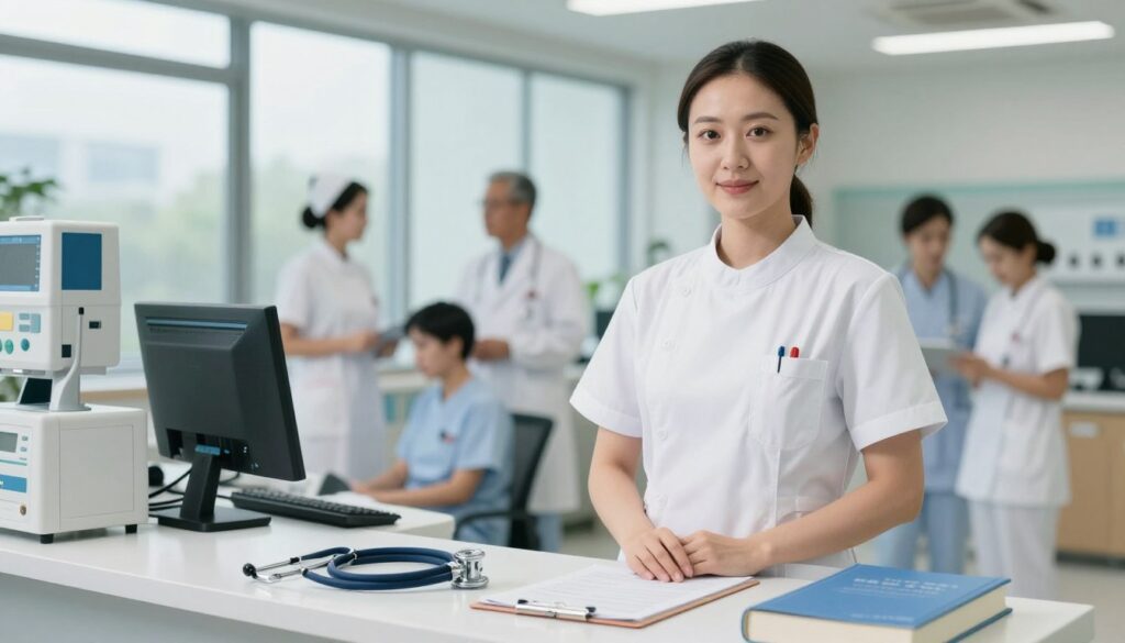 A professional nurse in a modern hospital setting, standing confidently in front of a nursing station. She wears a crisp white uniform, showcasing professionalism and care. In the foreground, a stethoscope and medical textbooks, symbolizing education and specialization, are placed strategically on the counter. The middle ground features healthcare equipment and a computer screen displaying patient data. In the background, nurses and doctors interact, emphasizing teamwork and a lively hospital environment. Soft, natural lighting filters through large windows, creating an inviting and hopeful atmosphere. Use a slightly low-angle perspective to convey the importance of education and specialization in nursing. The overall mood is focused and dedicated, reflecting the integral role of a nurse’s qualifications in determining salary.