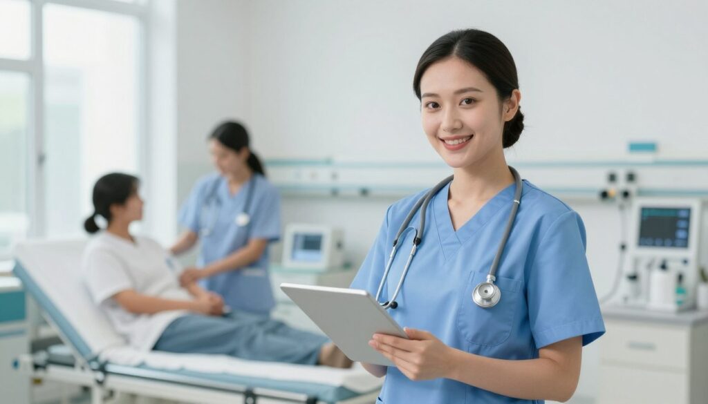 A professional nurse in modern healthcare attire, standing confidently in a hospital setting. The foreground features the nurse with a stethoscope around her neck, looking at a digital tablet displaying salary charts and graphs. In the middle, include medical equipment and patients receiving care, emphasizing the nurse's important role. The background showcases a bright, welcoming hospital environment with soft, natural lighting filtering through large windows. Use a slight depth of field to focus on the nurse, creating an aura of expertise and professionalism. The mood should convey a sense of optimism and growth in the nursing profession, particularly reflecting the earning potential in 2025. A professional nurse in modern healthcare attire, standing confidently in a hospital setting. The foreground features the nurse with a stethoscope around her neck, looking at a digital tablet displaying salary charts and graphs. In the middle, include medical equipment and patients receiving care, emphasizing the nurse's important role. The background showcases a bright, welcoming hospital environment with soft, natural lighting filtering through large windows. Use a slight depth of field to focus on the nurse, creating an aura of expertise and professionalism. The mood should convey a sense of optimism and growth in the nursing profession, particularly reflecting the earning potential in 2025.
