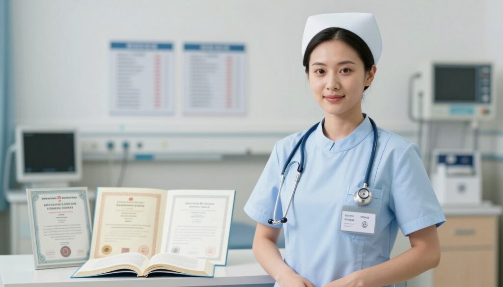 A professional nurse standing confidently in a well-lit hospital setting, showcasing her qualifications. In the foreground, the nurse is wearing a neat, modern uniform, with a stethoscope around her neck, displaying a badge indicating her specializations. Her expression conveys determination and professionalism. In the middle ground, an open textbook and various certification diplomas are placed on a desk, symbolizing education and advanced qualifications. In the background, a hospital environment with soft lighting, featuring medical equipment and charts that reflect diverse specializations. The mood is focused and inspiring, illustrating the impact of qualifications and experience on nursing salaries. The composition is captured with a slightly elevated angle to emphasize the nurse's dedication and the importance of education in her career. A professional nurse standing confidently in a well-lit hospital setting, showcasing her qualifications. In the foreground, the nurse is wearing a neat, modern uniform, with a stethoscope around her neck, displaying a badge indicating her specializations. Her expression conveys determination and professionalism. In the middle ground, an open textbook and various certification diplomas are placed on a desk, symbolizing education and advanced qualifications. In the background, a hospital environment with soft lighting, featuring medical equipment and charts that reflect diverse specializations. The mood is focused and inspiring, illustrating the impact of qualifications and experience on nursing salaries. The composition is captured with a slightly elevated angle to emphasize the nurse's dedication and the importance of education in her career.