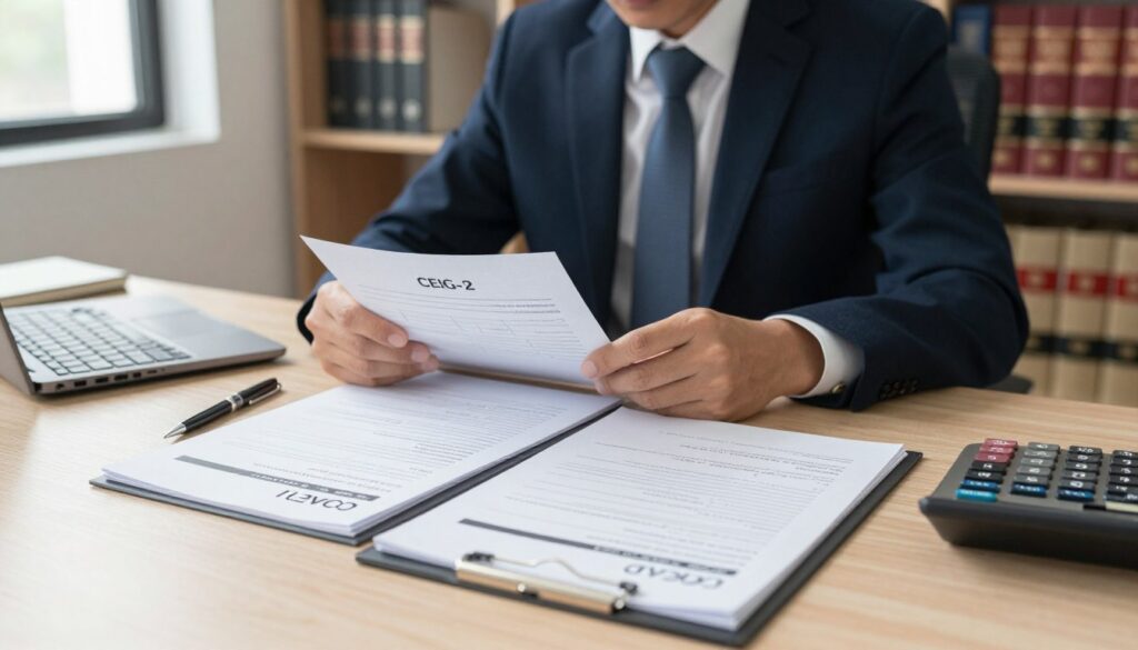 A professional office setting depicting the formalities of closing a business. In the foreground, a neatly organized desk with essential documents like CEIDG-1 and VAT-Z forms, a pen, and a calculator. In the middle ground, a focused business professional in formal attire is reviewing the paperwork, looking contemplative. The background shows bookshelves filled with legal and financial texts, hinting at compliance and regulation. Soft, natural lighting filters in through a window, creating a warm and serious atmosphere. The scene conveys diligence and professionalism, illustrating the process of business closure without any distractions or clutter. The angle is slightly tilted to capture both the desk and the individual, emphasizing the importance of attention to detail in this critical task.