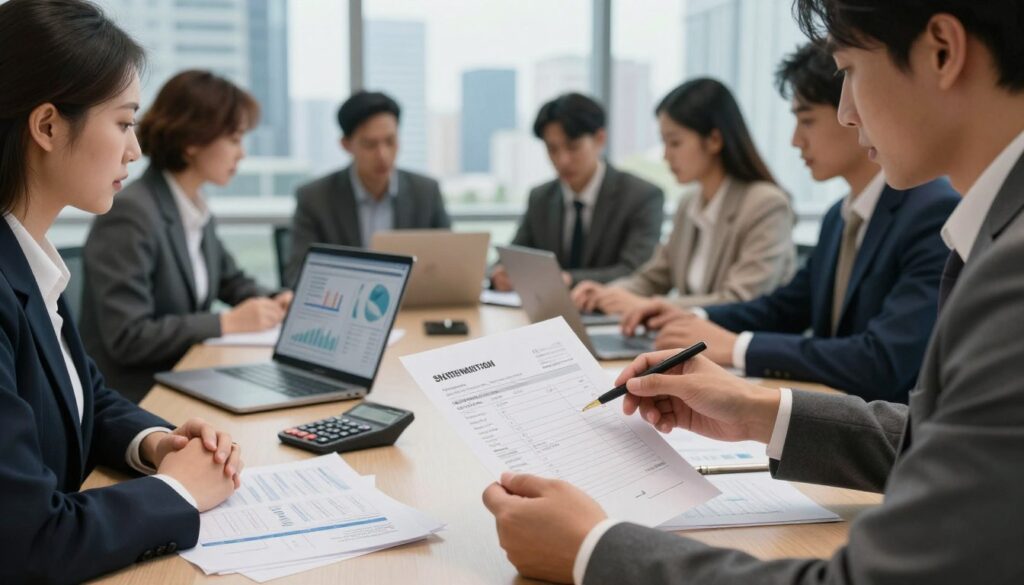 A professional office setting featuring a diverse group of business people engaged in discussions around financial documents. In the foreground, two professionals in business attire analyze a complex invoice, highlighting aspects like split payment and international transactions. The middle ground showcases a large conference table cluttered with papers, calculators, and laptops displaying financial graphics related to VAT obligations. In the background, a modern cityscape is visible through large windows, emphasizing an international trading environment. The scene is illuminated by soft, natural lighting that creates a warm, cooperative atmosphere, while a shallow depth of field subtly blurs the cityscape, focusing attention on the professionals and their document review.