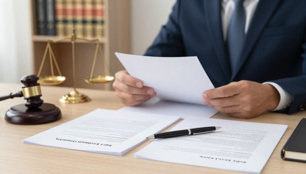 A professional office setting focusing on important legal documents. In the foreground, a neatly arranged set of official papers and forms related to the "Krajowy Rejestr Karny," featuring symbols of justice like a gavel and scales. A pen lies across the documents, ready for signature. In the middle ground, a blurred view of a person in formal business attire, reviewing the documents with a serious expression, symbolizing diligence and responsibility. The background features a softly lit, modern office environment with a bookshelf of legal texts, providing an authoritative atmosphere. The image conveys a sense of professionalism and the importance of proper documentation in legal processes, with warm, inviting lighting to create a focused yet approachable mood.