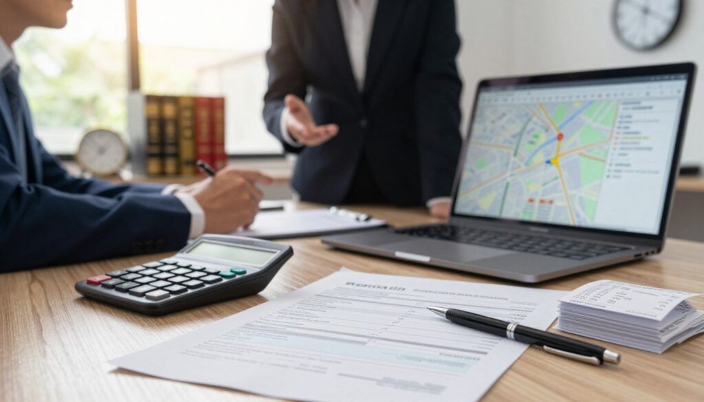 A professional office setting illustrating travel reimbursement related to a legal context. In the foreground, a neatly organized expense report with a calculator, receipts, and a pen. In the middle ground, a laptop displaying a map with routes highlighted, signifying necessary travel for court-related engagements. In the background, a well-dressed legal clerk discussing details with a colleague at a desk adorned with legal books and a clock indicating late afternoon. Soft, natural lighting filters through a window, creating a warm and focused atmosphere, highlighting professionalism and diligence. The overall mood conveys responsibility and clarity in financial matters associated with legal duties.