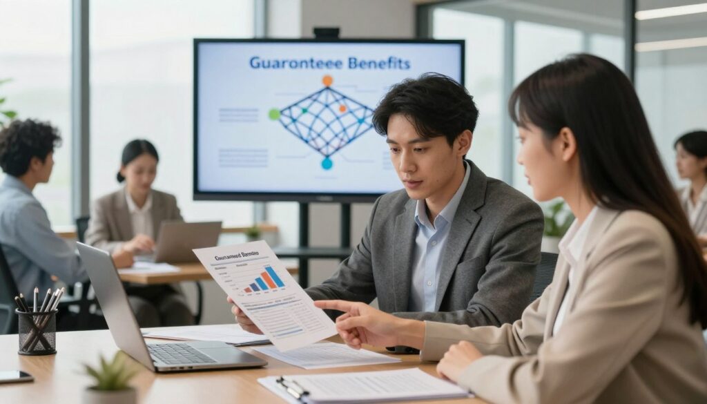 A professional office setting showcasing a diverse group of employees in business attire engaged in a discussion about guaranteed employee benefits. In the foreground, a male and female employee are reviewing documentation while pointing at a chart that outlines benefits like salaries, vacations, and severance. In the middle, a large screen displays a graphic of a safety net symbolizing financial security. The background features an office with modern furnishings and large windows letting in natural light, creating a bright, optimistic atmosphere. The scene is composed using a soft focus lens to emphasize the subjects, with a warm color palette to evoke a sense of hope and support among workers.