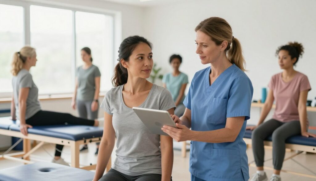 A professional physiotherapist in a bright, modern clinic, examining a patient with a focus on their interaction. In the foreground, the physiotherapist is a middle-aged Caucasian woman dressed in professional business attire, demonstrating care and expertise while using a tablet to assess the patient’s condition. In the middle ground, a diverse group of patients of different ages and genders is seen working on rehabilitation exercises with physiotherapy equipment, illustrating a vibrant working environment. In the background, large windows allow natural light to flood the space, enhancing a welcoming atmosphere. The overall mood is optimistic and focused, emphasizing the professional journey and potential earnings in the field of physiotherapy. Use soft lighting to convey warmth and a sense of hope for the future.