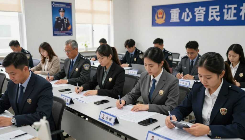 A professional police qualification test scene set in a well-lit examination room. In the foreground, a diverse group of candidates, men and women of various ethnicities, dressed in smart business attire, are focused on answering questions on paper or digital devices. The middle ground features a large table filled with test papers, pens, and candidate ID badges. In the background, the room is decorated with motivational police posters and a banner about integrity and service. Soft, diffused lighting filters through the windows, creating an encouraging atmosphere. The overall mood is serious yet hopeful, capturing the determination of those aspiring to join the police force.
