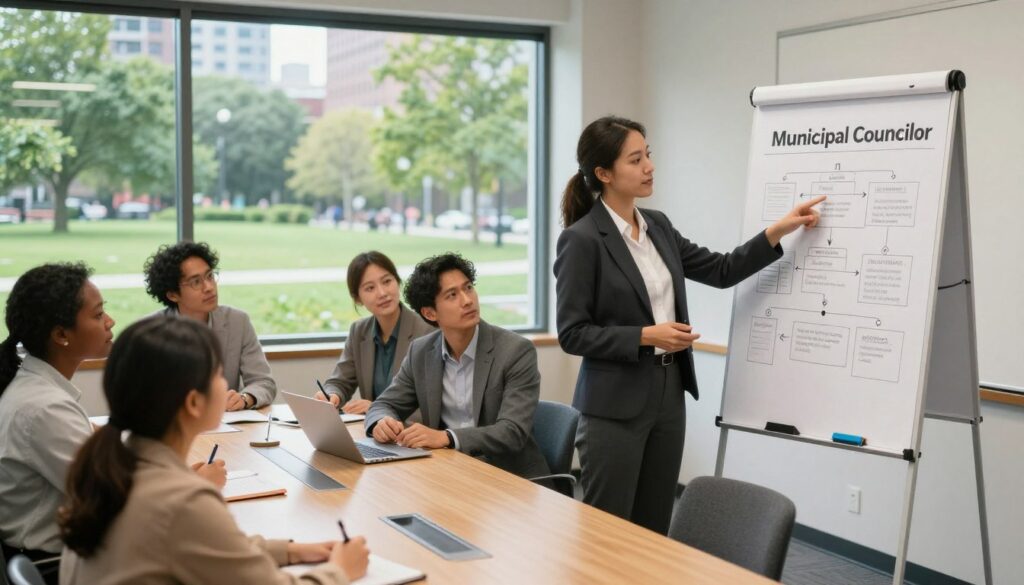 A professional setting depicting a diverse group of individuals engaging in a community meeting about local governance. In the foreground, a focused woman in business attire stands, pointing at a diagram on a flip chart that outlines the steps to become a municipal councilor. In the middle ground, a few other attendees, both men and women of various ethnic backgrounds, are seated around a table, taking notes and discussing. In the background, a well-lit conference room with large windows reveals a view of a vibrant city park outside. The atmosphere is collaborative and hopeful, with soft, natural lighting creating an inviting ambiance. Use a wide-angle lens to capture the interaction and depth of the scene, emphasizing the importance of civic engagement.