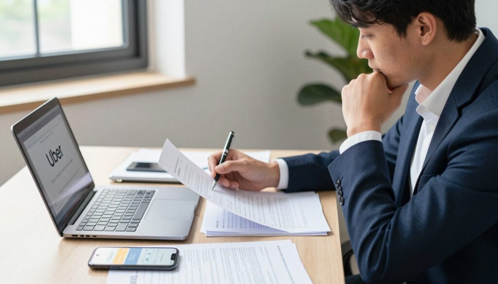 A professional setting depicting an aspiring Uber driver seated at a desk, reviewing paperwork on a laptop. In the foreground, show a focused individual in smart business attire, holding a pen and looking contemplative. The middle ground features documents, identification, and a smartphone displaying the Uber app interface. In the background, a bright and airy office space with a window, sunlight streaming in, casting gentle shadows. The atmosphere conveys determination and clarity, emphasizing the journey of becoming a legal Uber driver. Soft lighting accentuates the concentration of the individual, creating a sense of professionalism and purpose. The scene captures a moment of preparation and decision-making in the pathway to employment.