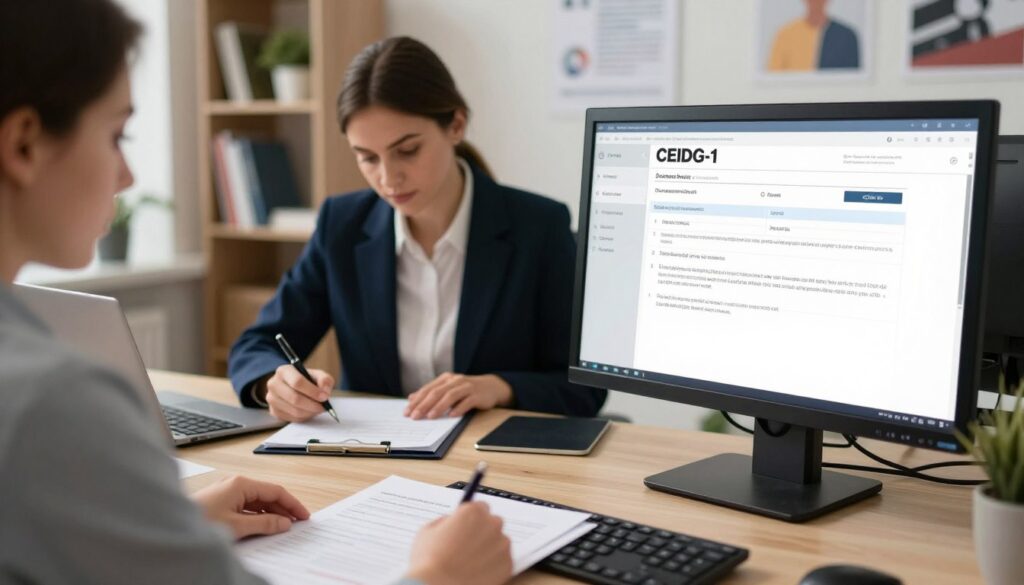 A professional setting depicting the registration of a sole proprietorship in Poland, focusing on the CEIDG-1 form process. In the foreground, a well-organized desk with a computer screen displaying the CEIDG-1 form, alongside a pen and official documents. In the middle ground, a business professional in smart attire, possibly a woman or man, attentively filling out the form. In the background, a soft-focus office environment with bookshelves and motivational posters on the walls. The lighting is bright yet warm, creating an inviting atmosphere for new entrepreneurs. The camera angle is slightly above the desk level, offering a dynamic perspective on the scene. The overall mood is focused and encouraging, emphasizing the importance of registering a business.