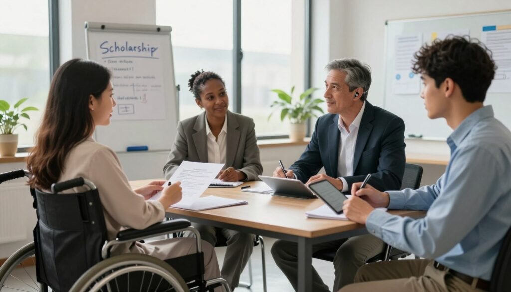 A professional setting showcasing a diverse group of individuals with disabilities engaging in a scholarship meeting. In the foreground, a young woman in a wheelchair is discussing opportunities with a middle-aged man in a suit, while a young man with a hearing aid listens attentively, taking notes on a tablet. In the middle ground, a large window allows soft, natural light to fill the room, highlighting the inclusive atmosphere. The background features a whiteboard with visual aids about scholarships, and plants that add warmth to the professional space. The overall mood is optimistic and supportive, reflecting collaboration and empowerment. The image should be well-lit, depicting a sense of community and equal opportunity.