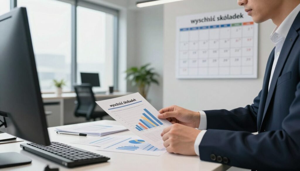 A professional setting showcasing an office scene focused on "wysokość składek" (contributions height). In the foreground, a business professional in smart attire is analyzing financial documents on a desk filled with charts and graphs showing varying contribution amounts. The middle ground features a large window allowing natural light to flood the room, illuminating a wall calendar with marked payment deadlines for contributions. The background displays a modern office environment with sleek furniture and plants, creating a productive atmosphere. Soft shadows and balanced lighting enhance the mood of focus and diligence. The perspective is slightly angled, capturing a sense of depth and engagement with the subject matter. The overall atmosphere conveys professionalism and urgency regarding financial responsibilities.