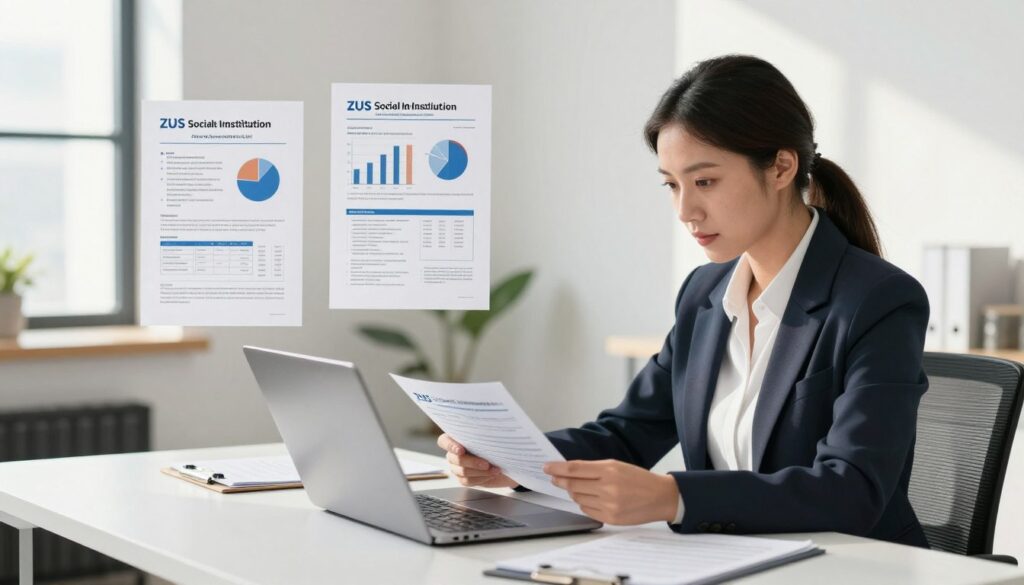 A professional setting showcasing the concept of ZUS (Social Insurance Institution) in a one-person business. In the foreground, a focused businesswoman in professional attire, seated at a modern desk with a laptop, reviewing documents related to contributions, benefits, and potential pitfalls. In the middle, a neatly organized workspace filled with charts and insurance forms emphasizing clarity and organization. The background features a minimalist office environment with natural light streaming through a window, casting soft shadows for an inviting yet professional atmosphere. The image should evoke a sense of determination and clarity, with a balance of inspiring creativity and practicality in the entrepreneurial journey. No text or logos present.