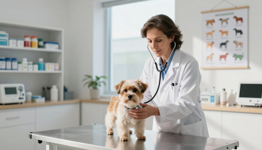 A professional veterinarian examining an animal in a modern clinic setting. In the foreground, the veterinarian, a middle-aged woman wearing a white lab coat and holding a stethoscope, interacts gently with a small dog on an examination table. In the middle ground, shelves filled with veterinary supplies and medical equipment create an organized and clinical atmosphere. The background includes a large window allowing natural light to flood the room, casting soft shadows. A colorful chart of different animal species hangs on the wall. The overall mood is one of professionalism and care, emphasizing the veterinarian's dedication to animal health and well-being. The image should be bright and inviting, focusing on the competence and compassion of veterinary practice.