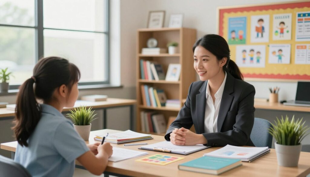 A school psychologist's office, warmly lit with natural light filtering in through large windows, creates an inviting atmosphere. In the foreground, a professional female psychologist, dressed in smart business attire, is sitting at a desk filled with colorful educational materials, notebooks, and a small potted plant. She is engaged in a friendly conversation with a middle school student, who looks attentive and curious, reflecting a sense of trust. In the middle ground, shelves lined with books on psychology and education resources add depth to the scene. The background showcases a bulletin board adorned with motivational posters and artwork made by students, emphasizing a supportive educational environment. The overall mood conveys professionalism combined with approachability, highlighting the importance of mental health in schools. A school psychologist's office, warmly lit with natural light filtering in through large windows, creates an inviting atmosphere. In the foreground, a professional female psychologist, dressed in smart business attire, is sitting at a desk filled with colorful educational materials, notebooks, and a small potted plant. She is engaged in a friendly conversation with a middle school student, who looks attentive and curious, reflecting a sense of trust. In the middle ground, shelves lined with books on psychology and education resources add depth to the scene. The background showcases a bulletin board adorned with motivational posters and artwork made by students, emphasizing a supportive educational environment. The overall mood conveys professionalism combined with approachability, highlighting the importance of mental health in schools.