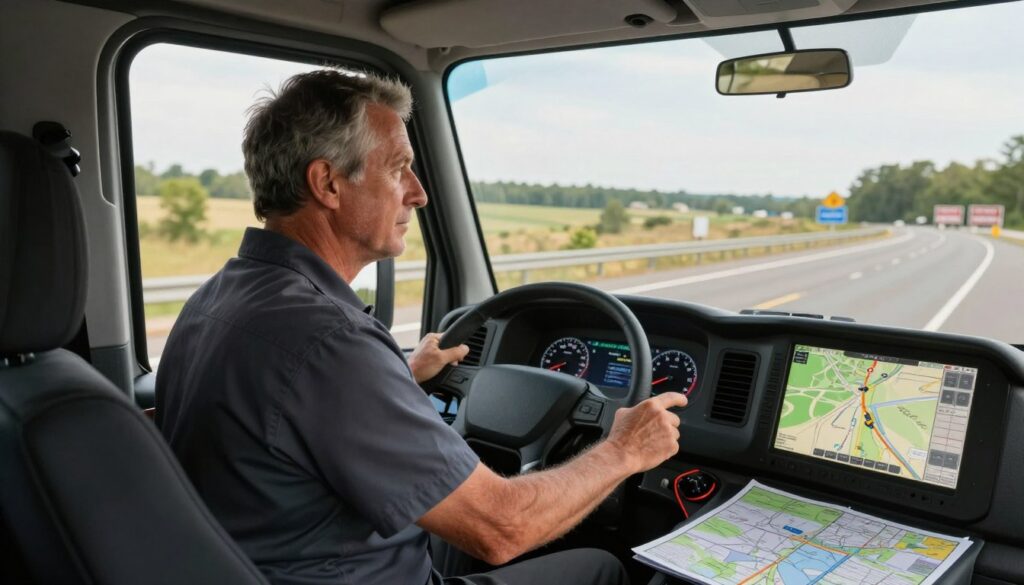 A seasoned long-haul truck driver in a professional work uniform, focused and confident, inside a modern truck cab. The foreground features the driver attentively gazing at a digital map display, planning an international route, surrounded by tools and maps that symbolize the logistics of cross-border transport. The middle ground showcases the truck's dashboard with gauges and navigation equipment, emphasizing the complexities of international driving. In the background, a scenic highway stretches across diverse landscapes, hinting at various countries, with distant signs in multiple languages. Soft, natural sunlight filters through the windshield, creating a warm and determined atmosphere, portraying the challenges and financial rewards of the trucking profession. The image captures the essence of international truck routes and their impact on driver earnings.
