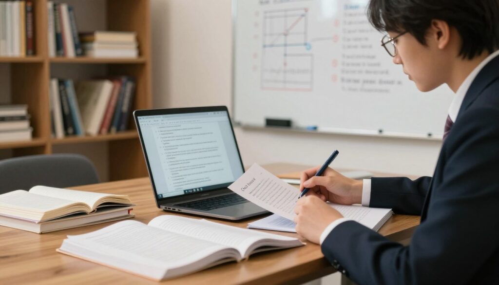 A serene study environment showcasing a wooden desk laden with study materials for an exam. In the foreground, a focused student in professional business attire is reviewing notes and textbooks on oral and written exams. There's a laptop open with study resources displayed. In the middle ground, a whiteboard filled with diagrams and to-do lists conveys a sense of preparation. The background features a softly lit bookshelf filled with books and academic resources, enhancing the scholarly atmosphere. Soft, warm lighting creates an inviting and motivational mood, while a shallow depth of field emphasizes the student and desk, drawing the viewer's eye. The overall ambiance is one of concentration and diligence, suitable for the theme of exam preparation.