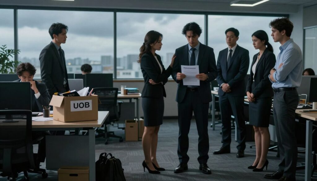 A somber office environment reflecting the theme of downsizing and layoffs. In the foreground, a diverse group of employees in professional business attire express concern, with one person holding a termination notice, while others engage in supportive discussions. The middle ground features rows of empty desks and scattered personal items, symbolizing the abrupt changes within the company. In the background, a large window reveals a cloudy, overcast sky, enhancing the feeling of uncertainty. The lighting is dim and moody, with shadows cast across the floor, creating a heavy atmosphere. The overall mood is serious and contemplative, capturing the emotional weight of job loss and the impact of company bankruptcy.