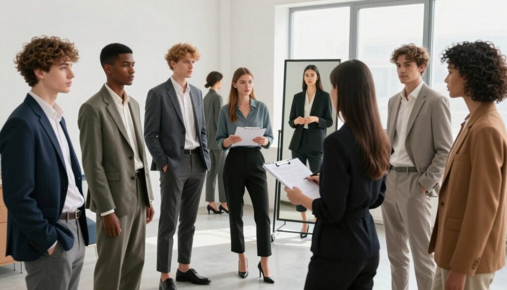 A stylish and professional fashion casting scene set in a modern studio. In the foreground, a diverse group of young models, both men and women, are dressed in elegant business attire, exuding confidence as they stand in various poses, showcasing their unique styles. In the middle, a casting director reviews portfolios with a notepad and computer, alongside a large mirror reflecting the models’ expressions. The background features soft lighting that highlights the clean lines of the studio, with large windows allowing natural light to filter in, creating a bright and inviting atmosphere. The mood is focused yet dynamic, emphasizing the excitement and professionalism of the modeling industry. The camera angle is slightly elevated, capturing the entire scene with clarity and depth.