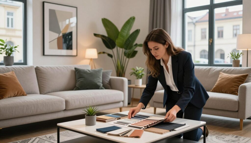 A stylish, modern interior design scene in Poland featuring a well-lit, spacious living room. In the foreground, a confident interior designer, dressed in professional business attire, is evaluating color samples and fabric swatches on a sleek coffee table. The middle ground shows elegant furniture arrangements, including a cozy sofa, contemporary art pieces, and lush green plants. The background reveals large windows letting in natural light, showcasing a view of a charming Polish city street. The atmosphere is vibrant and professional, reflecting a sense of creativity and hustle in the interior design industry. Soft, warm lighting enhances the inviting ambiance, while the perspective is slightly angled to draw focus onto the designer's work and the stylish decor.