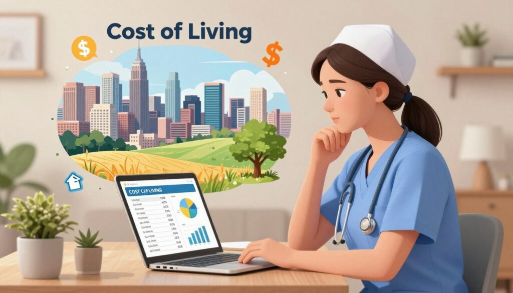 A thoughtful and informative illustration depicting the cost of living versus the salaries of nurses in the USA. In the foreground, a nurse in professional scrubs looks thoughtfully at a laptop displaying salary figures and cost of living charts, framed by a cozy home office decor. In the middle ground, a split scene shows urban and rural American landscapes—one side featuring a bustling city skyline, the other with serene countryside. The background includes elements like a dollar sign and housing icons, symbolizing expenses and income. Soft, warm lighting creates an inviting atmosphere, suggesting contemplation and analysis. The overall mood is professional yet approachable, inviting viewers to consider the realities of nursing as a career choice in the USA. A thoughtful and informative illustration depicting the cost of living versus the salaries of nurses in the USA. In the foreground, a nurse in professional scrubs looks thoughtfully at a laptop displaying salary figures and cost of living charts, framed by a cozy home office decor. In the middle ground, a split scene shows urban and rural American landscapes—one side featuring a bustling city skyline, the other with serene countryside. The background includes elements like a dollar sign and housing icons, symbolizing expenses and income. Soft, warm lighting creates an inviting atmosphere, suggesting contemplation and analysis. The overall mood is professional yet approachable, inviting viewers to consider the realities of nursing as a career choice in the USA.