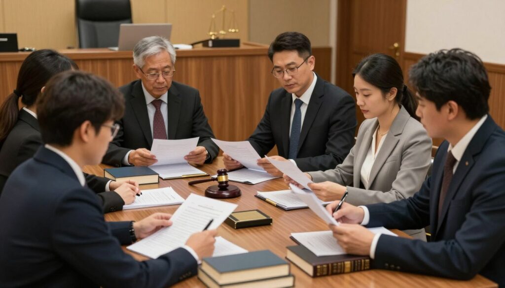A thoughtful and organized depiction of a legal setting focused on the requirements and limitations for candidates to become lay judges. In the foreground, a diverse group of individuals dressed in professional business attire, engaged in discussion or reviewing documents. In the middle ground, a wooden table scattered with legal books, papers, and pens, symbolizing the procedural aspects of becoming a lay judge. The background features a formal courtroom with wooden paneling and a gavel, representing the judicial environment. The lighting is warm, creating an inviting atmosphere, with soft shadows that highlight the seriousness of the topic. The angle is slightly elevated, capturing both the individuals' interactions and the authoritative presence of the courtroom. The overall mood is professional and informative, capturing the essence of the legal selection process.