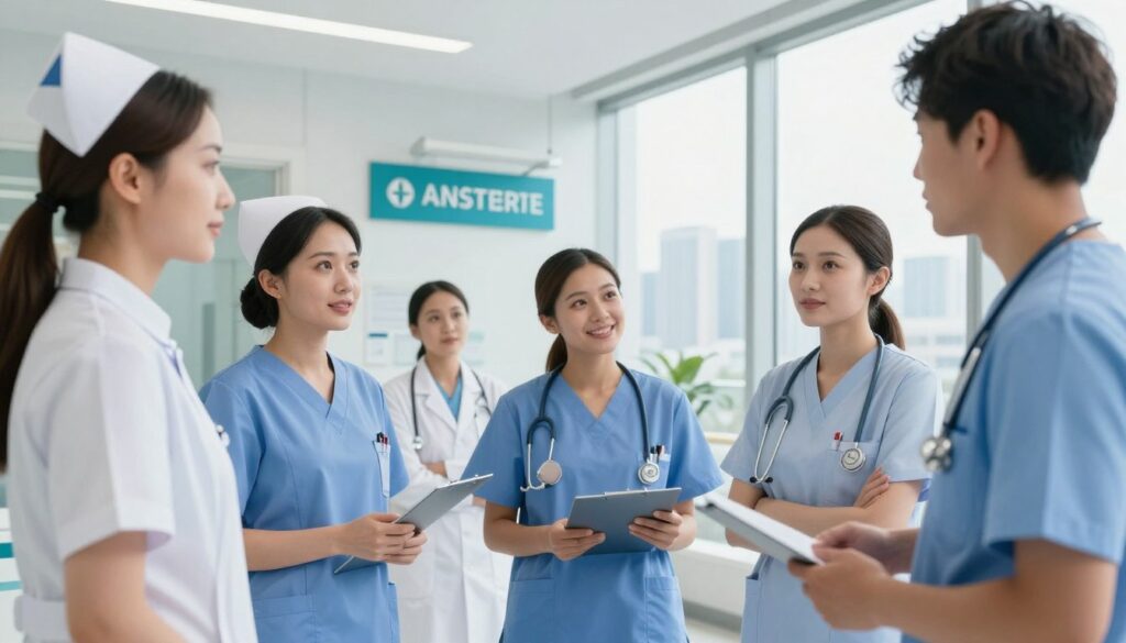 A thoughtful depiction of nurses in a dynamic and professional setting, focusing on the comparison of salaries between public and private employers. In the foreground, a diverse group of nurses wearing professional scrubs and business attire engage in a discussion, with expressions of determination and optimism. In the middle ground, a modern hospital contrasted with a private clinic can be seen, symbolizing the two work environments. The background features a city skyline, suggesting growth and opportunity. Bright, natural lighting emphasizes a positive atmosphere, while the angle captures the scene from a slightly elevated perspective to showcase both the nurses and their workplaces. The overall mood is one of professionalism and hope, reflecting career advancement possibilities.