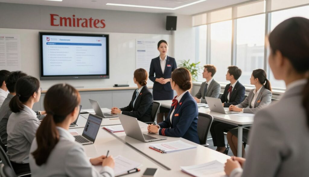 A training session for Emirates flight attendants in a modern classroom setting. In the foreground, a diverse group of female and male trainees, dressed in sharp, professional business attire, are attentively listening to a knowledgeable instructor at the front. The middle layer showcases a well-organized classroom with airline branding, presentation screens displaying safety protocols, and training materials on desks. The background features large windows letting in warm sunlight, enhancing the atmosphere of motivation and professionalism. The mood is focused and inspiring, reflecting the anticipation of embarking on a new career. Use soft, natural lighting with a slight depth of field effect, emphasizing the trainees while keeping the background slightly blurred.