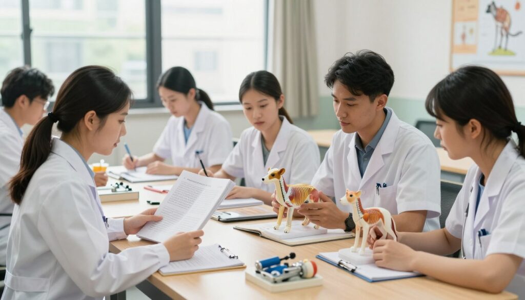 A veterinary school scene showcasing a diverse group of professional students studying together in a well-lit classroom. In the foreground, a female student in a white lab coat is examining a textbook on veterinary medicine, while a male student beside her discusses animal anatomy using a model. The middle ground features desks cluttered with notebooks, anatomical charts, and veterinary instruments, highlighting the intensity of their studies. In the background, large windows allow soft natural light to illuminate the space, creating a warm and inviting atmosphere. The scene conveys a sense of determination and collaboration, reflecting the journey toward becoming a veterinarian in a focused educational environment. The angle captures both the students' engagement and the professional setting, emphasizing the seriousness of their career path.