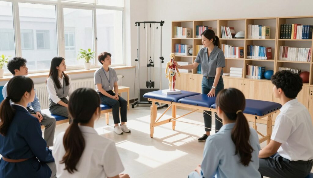 A vibrant and focused educational scene depicting a physiotherapy classroom. In the foreground, a diverse group of students, wearing professional business attire, attentively listens to a knowledgeable instructor demonstrating physiotherapy techniques. The middle layer features anatomical models and exercise equipment, indicating a hands-on learning environment. In the background, shelves filled with textbooks on anatomy and rehabilitation, creating an atmosphere of academic pursuit. The room is well-lit with natural light streaming through large windows, casting soft shadows. The overall mood is one of curiosity and motivation, highlighting the importance of education and the journey to becoming a physiotherapist.