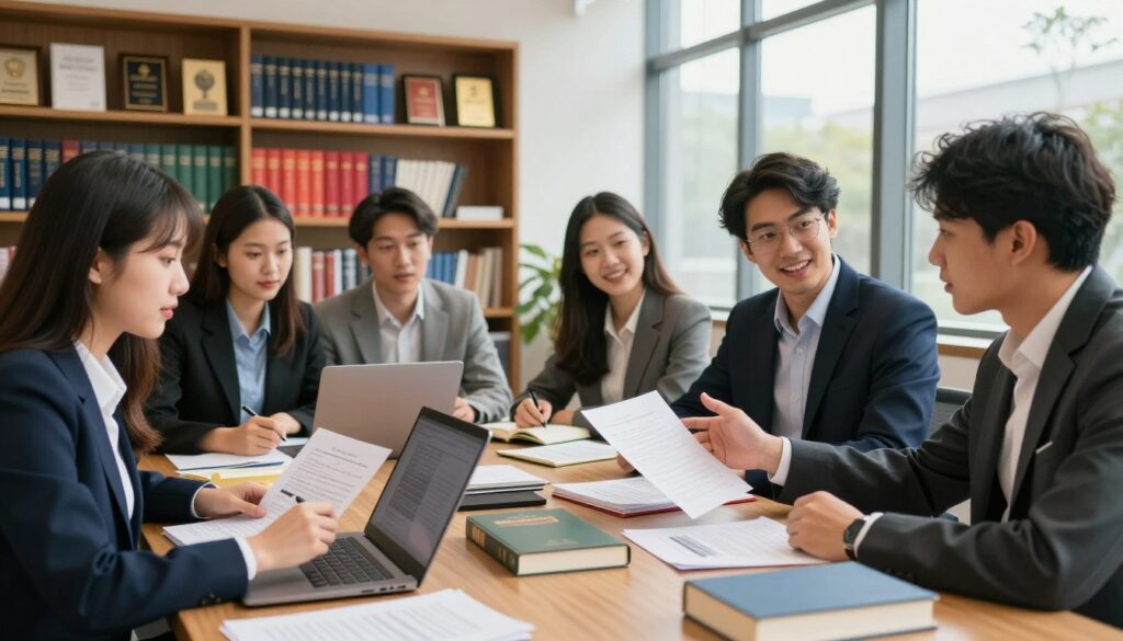 A vibrant university setting featuring a group of diverse doctoral candidates in professional business attire, engaged in a collaborative discussion around a large wooden table strewn with academic books and research papers. In the foreground, a focused young woman is reviewing notes, a laptop open beside her, while a man gestures enthusiastically, illustrating a point on his paper. The middle ground shows shelves filled with colorful bound theses and awards, symbolizing academic achievements. In the background, large windows let in warm natural light, creating an inspiring atmosphere of intellectual pursuit. The overall mood is one of determination and excitement, capturing the essential stages of the doctoral journey from acceptance to thesis defense. The image should have a soft focus, with a slight depth of field to highlight the subjects in the foreground.