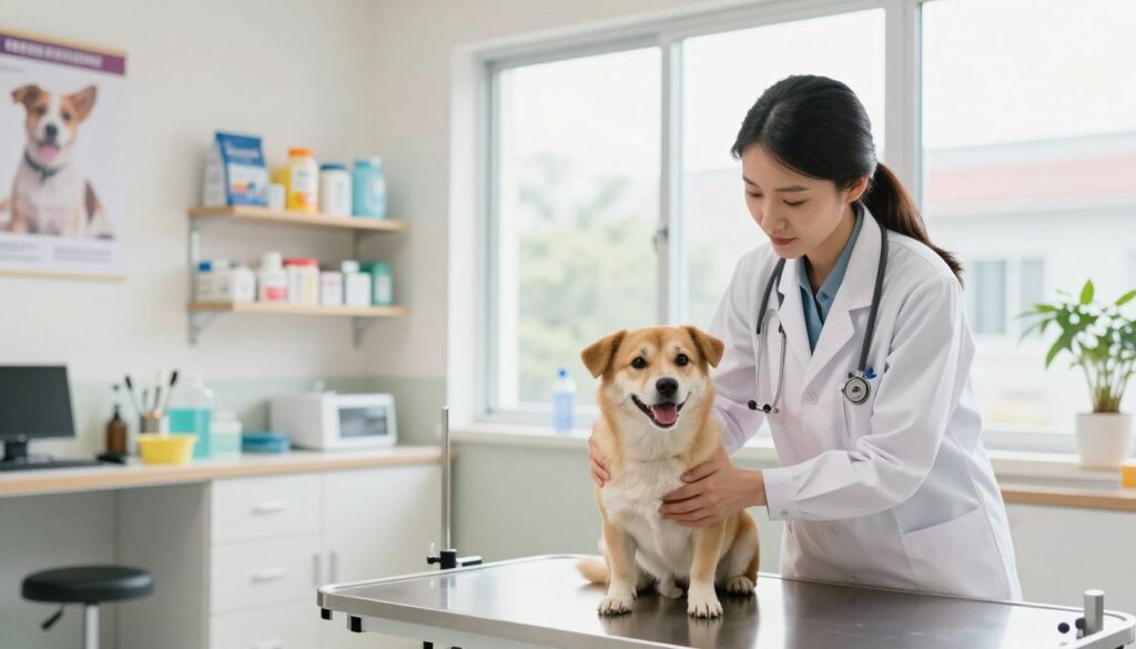 A vibrant veterinary clinic scene featuring a dedicated veterinarian examining a healthy dog on an examination table, right in the foreground. The veterinarian, a woman in a professional white coat, is focusing intently on the dog's well-being, showcasing a caring demeanor. In the middle ground, a well-organized clinic filled with various veterinary tools, medical posters on the walls, and a shelf stocked with pet care supplies, illustrating a modern veterinary practice. The background features large windows flooding the room with natural light, creating a warm and welcoming atmosphere. The colors are bright and cheerful, evoking a sense of hope and care in the field of veterinary medicine. The image is captured from a slight angle, emphasizing both the veterinarian and the surroundings, with a shallow depth of field for a professional look.