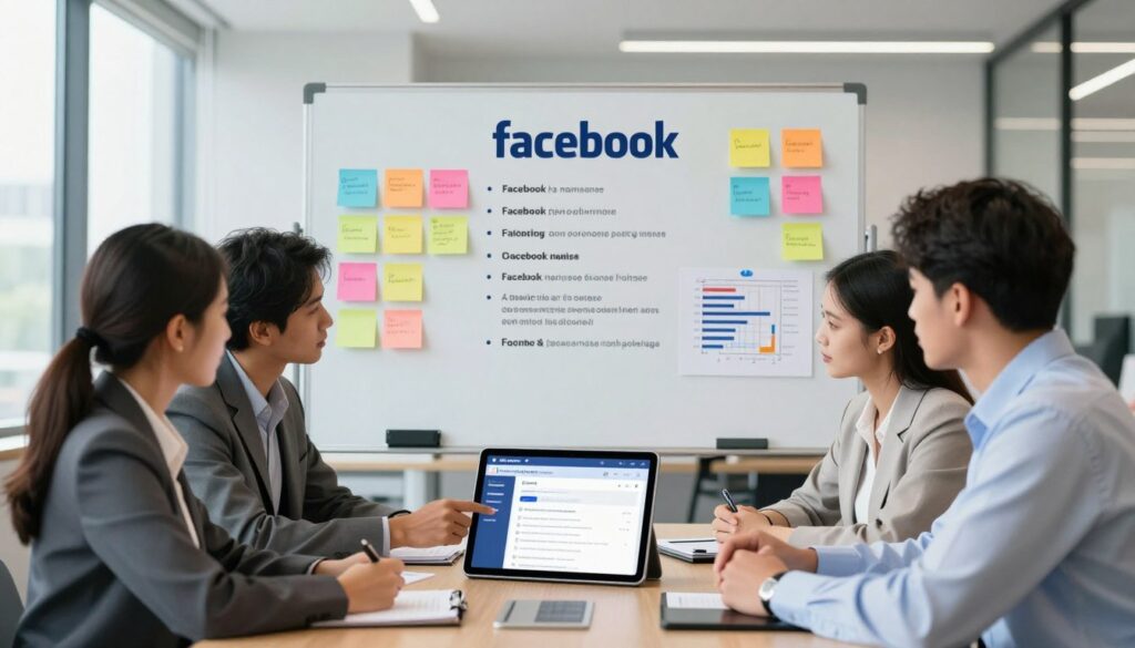 A visually engaging and informative scene depicting the concept of changing a Facebook fan page name, showcasing a professional business environment. In the foreground, a diverse group of businesspeople gathered around a conference table, analyzing a digital tablet displaying the Facebook interface, with clear emphasis on name change guidelines. In the middle ground, an elegant whiteboard filled with colorful sticky notes and charts outlining Facebook’s name change rules and limitations. The background features a modern office with large windows, allowing soft natural light to illuminate the room, creating an atmosphere of collaboration and professionalism. Capture this setting with a wide-angle lens to emphasize the teamwork and focus on the digital device.