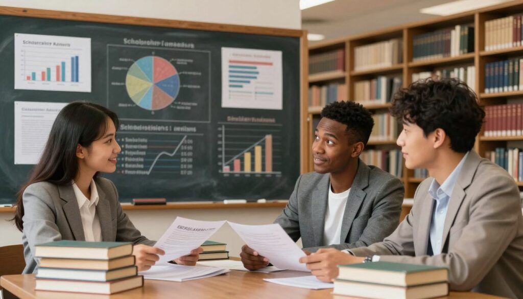 A visually engaging representation of scholarship funding in an academic setting. In the foreground, a diverse group of three students of various ethnic backgrounds, dressed in professional business attire, discuss scholarship options amidst stacks of books and financial documents. The middle ground features a large chalkboard filled with charts and graphs illustrating different scholarship amounts and criteria for eligibility, indicating various financial aid types. In the background, an inspiring library with tall shelves brimming with books and warm, inviting lighting creates an atmosphere of academic pursuit and hope. The overall mood is optimistic and motivational, emphasizing the importance of scholarships in higher education. Use a soft focus with a slight depth of field to draw attention to the students in the foreground while maintaining clarity in the background details.