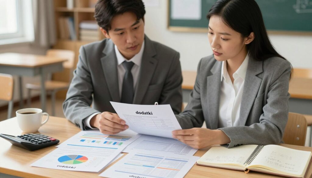 A visually engaging scene illustrating the concept of "dodatki" in the context of a teacher's salary. In the foreground, depict a table with various financial documents and charts, showcasing different components of a teacher's compensation, such as bonuses and additional allowances. Include a calculator, a cup of coffee, and a notebook with handwritten notes to signify careful planning and budgeting. In the middle ground, portray a professional male and female teacher in smart business attire, discussing these documents with expressions of concentration and determination. In the background, include a softly lit classroom setting filled with educational materials, emphasizing a productive atmosphere. Use warm lighting to create an inviting mood, with a slight blur on the background to keep focus on the educators and the documents. A visually engaging scene illustrating the concept of "dodatki" in the context of a teacher's salary. In the foreground, depict a table with various financial documents and charts, showcasing different components of a teacher's compensation, such as bonuses and additional allowances. Include a calculator, a cup of coffee, and a notebook with handwritten notes to signify careful planning and budgeting. In the middle ground, portray a professional male and female teacher in smart business attire, discussing these documents with expressions of concentration and determination. In the background, include a softly lit classroom setting filled with educational materials, emphasizing a productive atmosphere. Use warm lighting to create an inviting mood, with a slight blur on the background to keep focus on the educators and the documents.