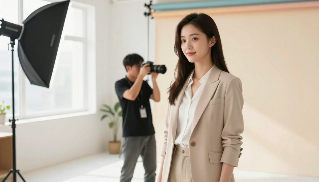 A young female model in a stylish yet professional outfit stands confidently in a bright, airy photography studio. In the foreground, she poses gracefully, her expression reflecting a mix of excitement and professionalism. In the middle ground, a skilled photographer adjusts the camera settings, focusing on framing the shot with a soft, diffused natural light illuminating the model's face, creating a warm and inviting atmosphere. The background features contemporary studio equipment, including softboxes and a backdrop of light pastel colors, which enhances the scene’s fresh and optimistic vibe. The composition is captured from a slightly elevated angle to emphasize the model's poise and the photographer's expertise, conveying a sense of preparation and collaboration in a first photo shoot.