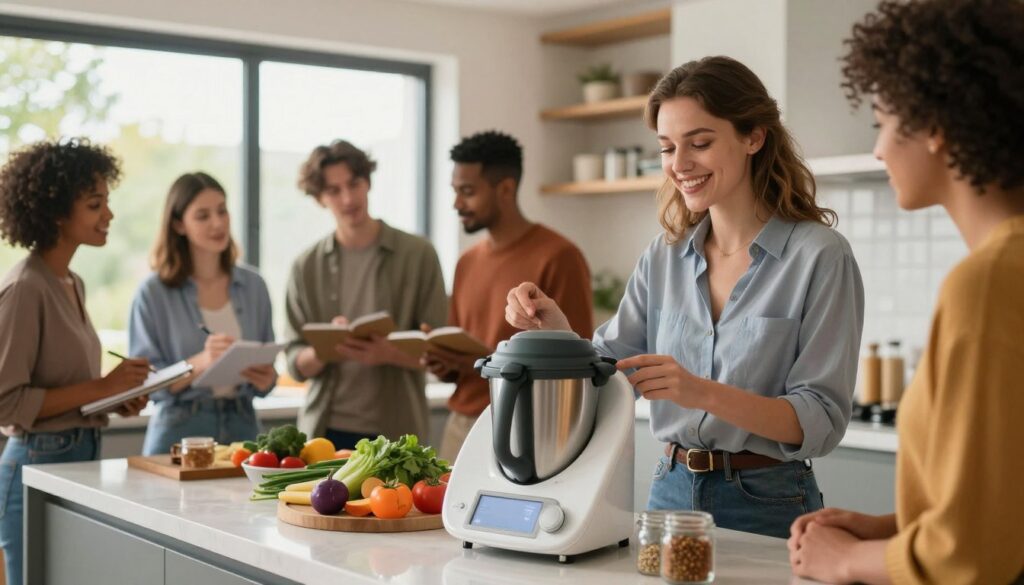 A young professional woman in a modern kitchen, wearing smart casual attire, smiling and demonstrating the Thermomix to an engaged group of diverse individuals. The foreground shows the sleek Thermomix on a stylish kitchen countertop, surrounded by fresh ingredients like vegetables and spices. In the middle, the attendees are attentively listening, some taking notes, while others are interacting with the appliance. The background features a warm, inviting kitchen with natural light streaming in through large windows, highlighting the modern design and vibrant colors. The atmosphere is encouraging and energetic, reflecting a professional yet friendly seminar on becoming a Thermomix representative. Soft focus on the background creates depth, emphasizing the main action and interaction in the scene.