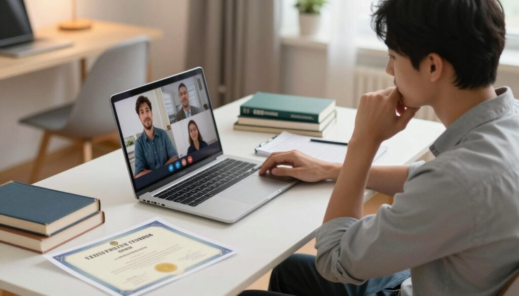 An engaged online student attending a virtual class on postgraduate studies, seated at a modern desk with a laptop displaying a video call interface. In the foreground, show a printed certificate of completion, symbolizing legitimacy and achievement. The middle ground features books and study materials about online education. In the background, a well-lit, organized home office setting conveys a sense of professionalism and focus. Soft, warm lighting creates an inviting atmosphere, enhancing the feeling of dedication. The image perspective is slightly elevated, showcasing the student in a thoughtful pose, dressed in smart casual attire, conveying concentration and motivation. No text or watermarks present.