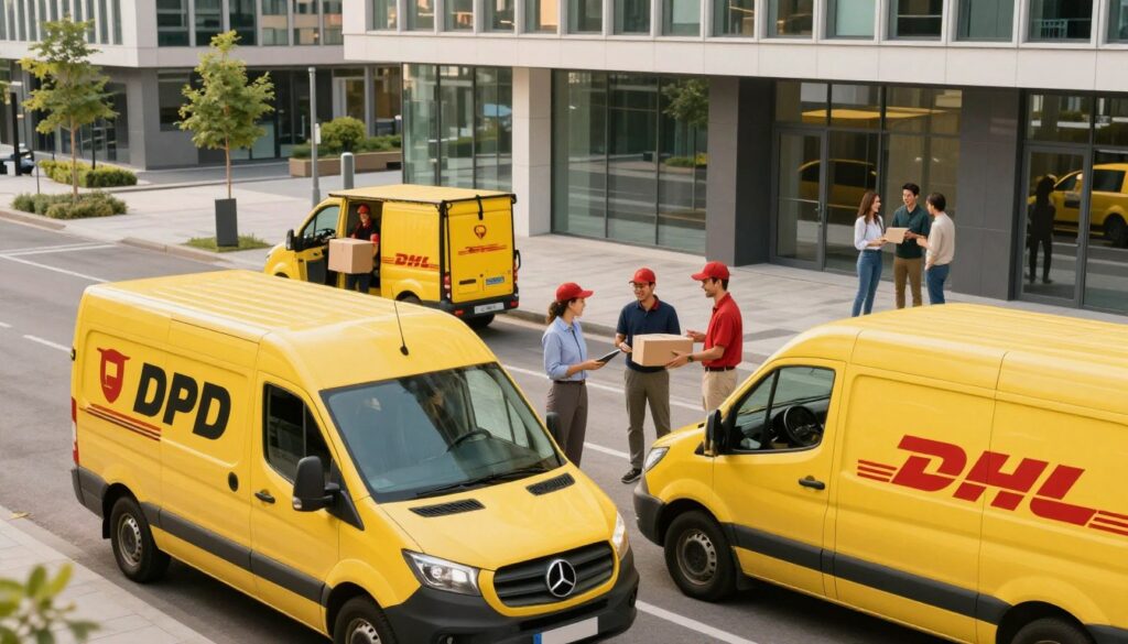 An engaging scene featuring a DPD and DHL delivery van parked outside a modern urban business district. In the foreground, show the vans prominently, adorned with their logos and vibrant colors. The middle ground captures professional couriers in business attire, efficiently handling packages and scanning barcodes, showcasing a dynamic work environment. In the background, include sleek office buildings and customers interacting happily with the couriers, conveying satisfaction with speedy delivery services. The scene is bathed in warm, natural sunlight, creating a welcoming atmosphere. Use a slightly elevated perspective for a clear view of the action, highlighting the professionalism and efficiency of both courier services. The overall mood should be energetic and positive, emphasizing speed and convenience in parcel delivery.